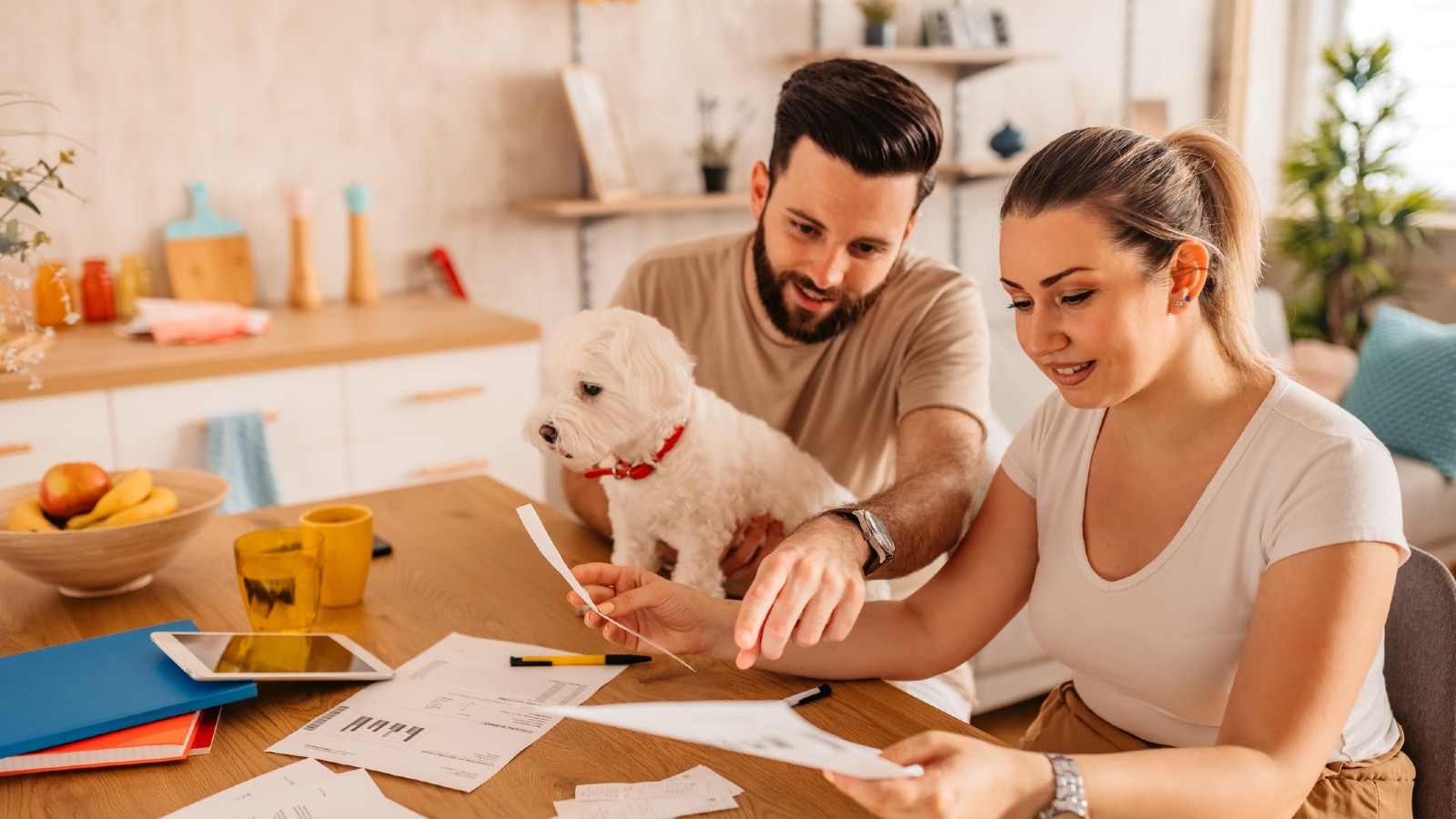 Young heterosexual couple sitting in their living room and checking their life insurance policy. Man holding cute toy dog in his lap.